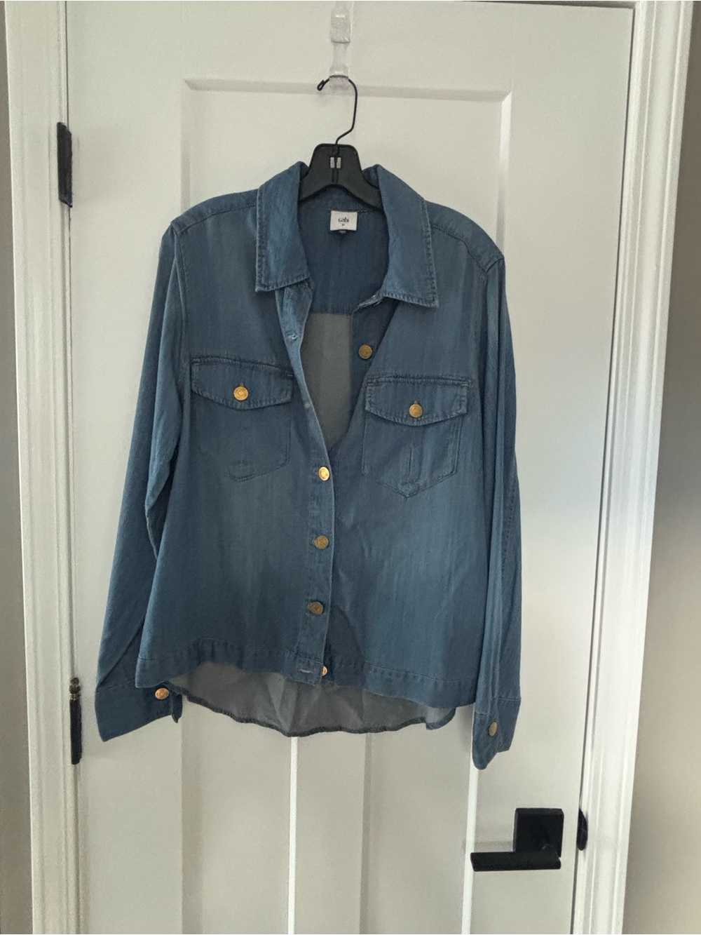 CAbi Blue Denim-Look Button Down Shirt with Gold Buttons Keep Jacket new 6255